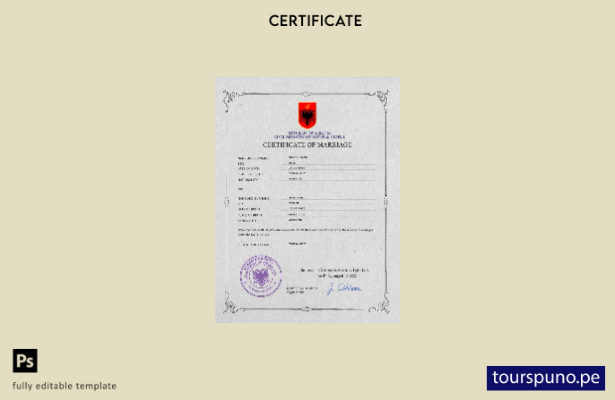 Plantilla PSD de certificado de matrimonio de Albania listo para imprimir